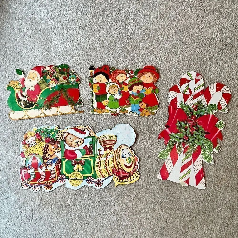 Set of 4 Holiday Christmas Diecuts by Eureka U.S.A. Candy cane Santa/Sleigh Caro